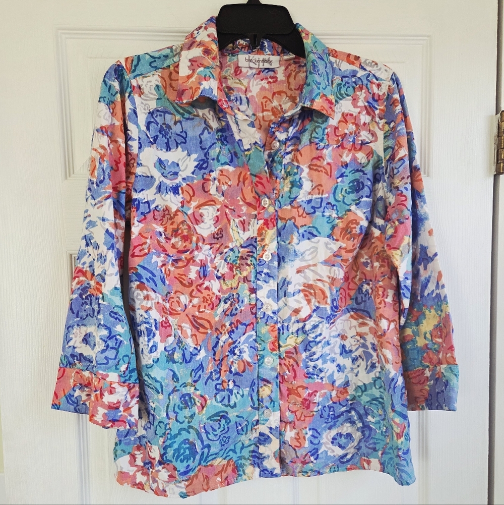 Breckenridge ✨️ Colorful Floral Cotton Women's Button Down Shirt Size M